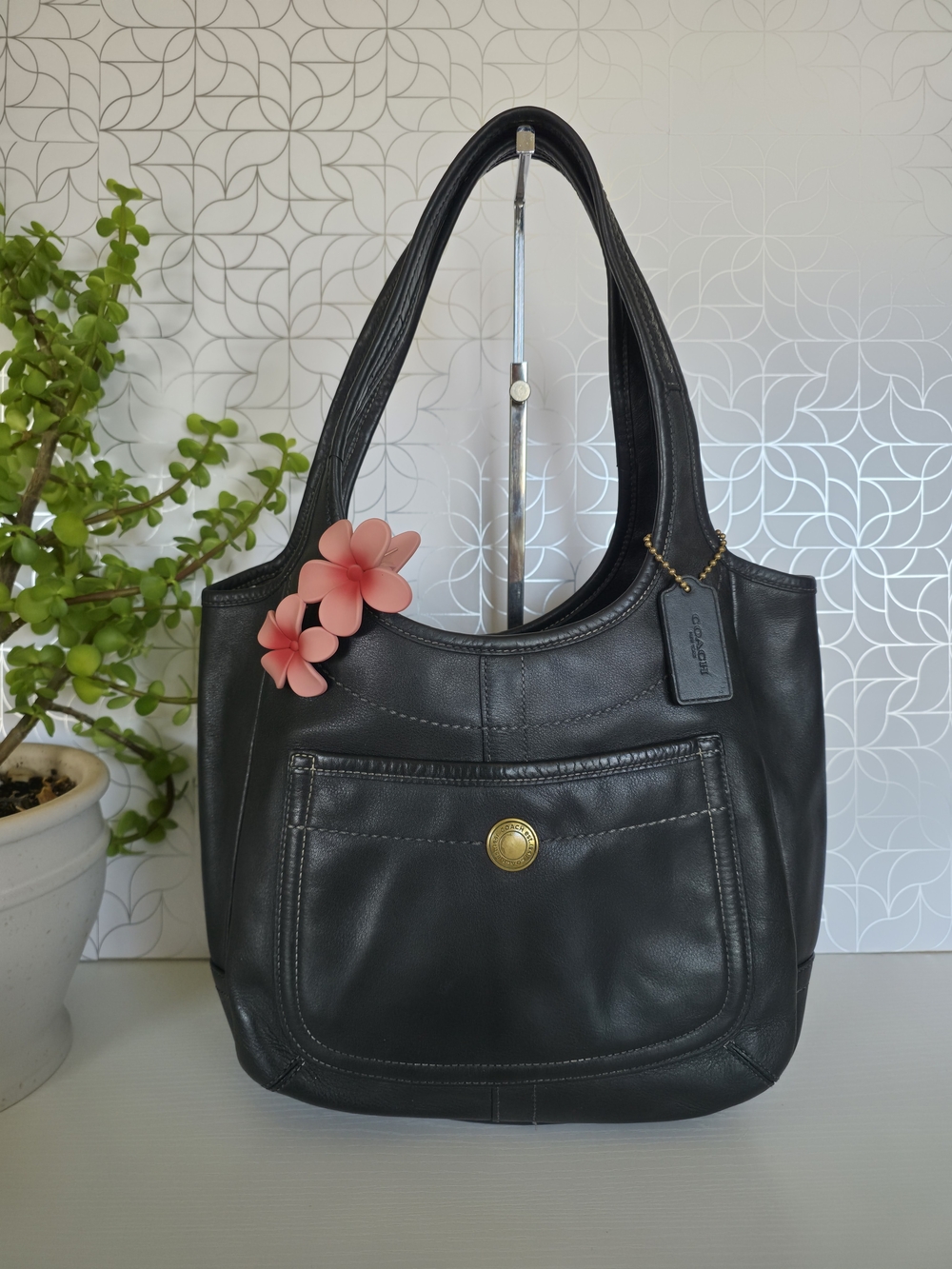 Coach Black Leather Hobo Bag with Front Pocket